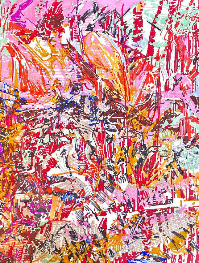 "Waited Quite Impatiently" by Thomas Bosket is a dynamic exploration of tension, movement, and perception through layered abstraction and intricate line work. Balancing organic and geometric forms, the composition pulses with energy, restraint, and release, evoking the rhythm of anticipation. Influenced by Deleuze, Foucault, and color theory, this piece invites urban philosophers, creative nomads, and collectors to engage with embodied creativity and shifting perception—where meaning unfolds in the space be